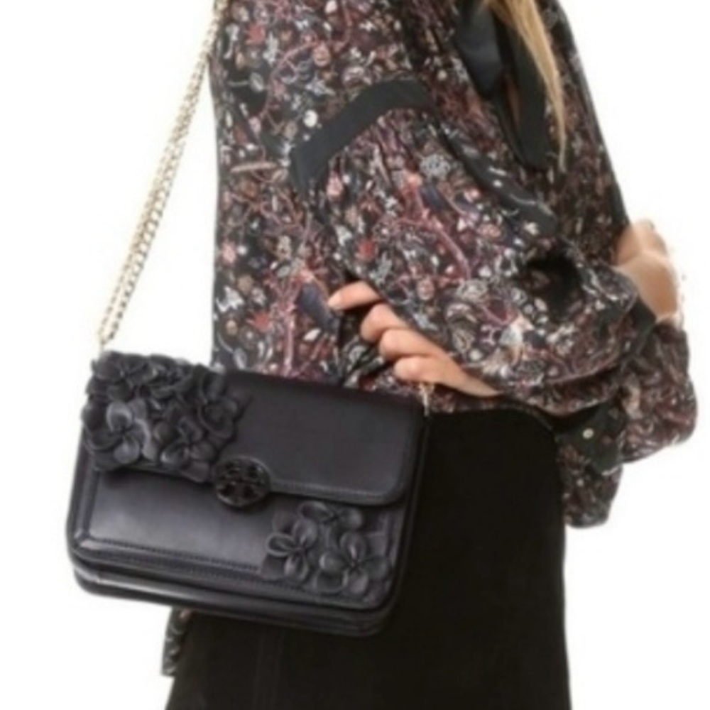 Tory Burch Blossom Floral Flower Duet Gold Chain Leather Handbag Convertible